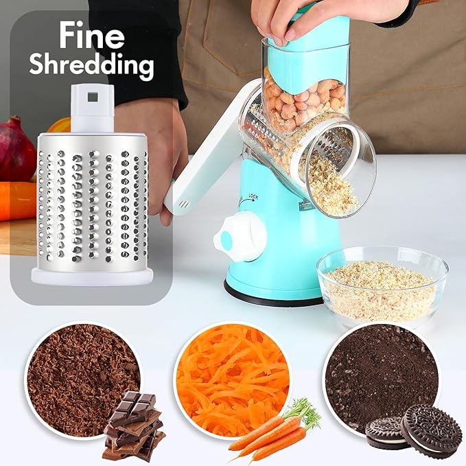 Cheese Grater Hand Crank, Rotary Vegetable Shredder with Handle and Strong Suction base, 3 in 1 Kitchen Speed Spin Veggie Slicer Nut Grinder for Pizza Top, Hash brown, Salad and More (Blue) - Image 2