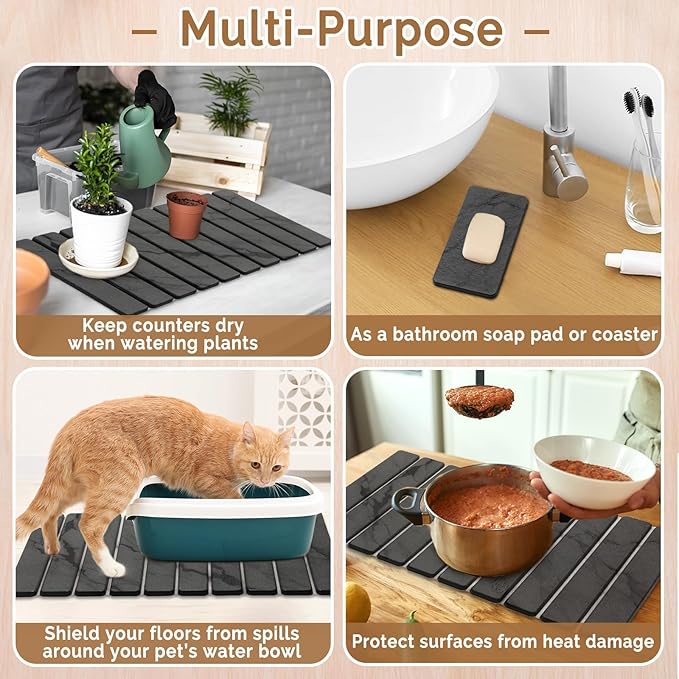Large Stone Dish Drying Mat for Kitchen Counter, Quick Dry Stone Dishes Mats,Foldable Water Absorbing Diatomaceous Earth Drying Organizer Pad for Plate Rack Bottles Utensils(Dark Gray 24"×16" & 8"x4") - Image 6