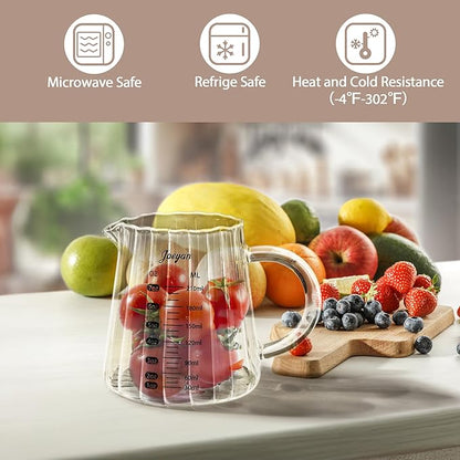 Joeyan 7 oz Glass Measuring Cups with Spout,Borosilicate Large Glass Triple Pitcher with Scale,Origami Style Espresso Shot Glasses with Wood Handle for Coffee Milk - Image 6