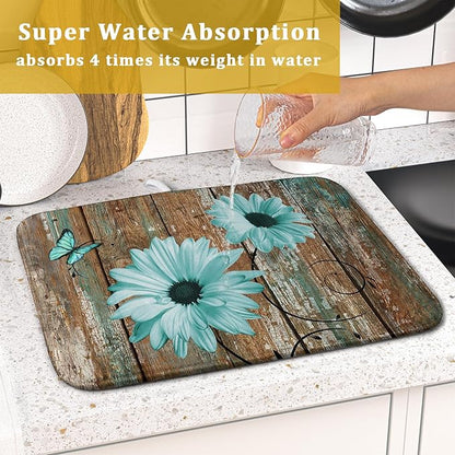 Giwawa Rustic Daisy Dish Drying Mat for Kitchen Countertop 16x18 inch Fall Teal Sunflowers on Wooden Board Dish Drainer Mats Fast Drying Country Vintage Shabby Chic Flower Dish Drying Pad Cabin Decor