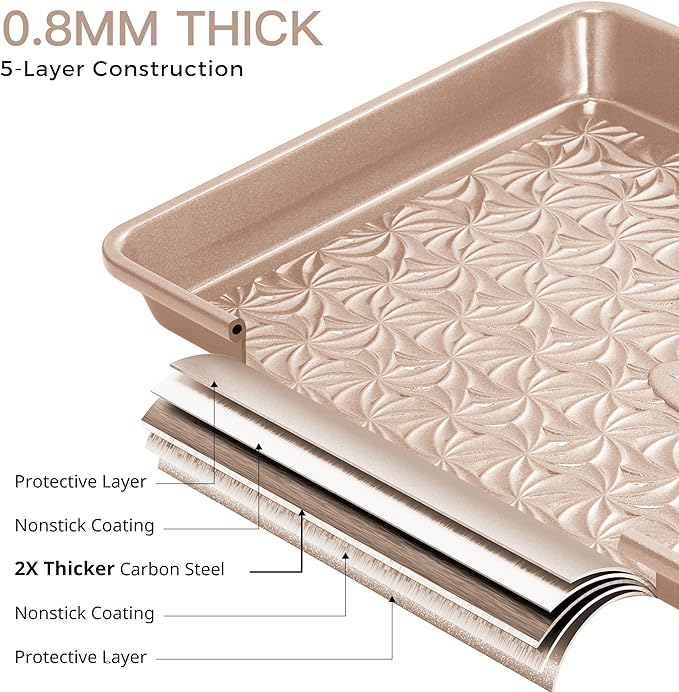 HONGBAKE Nonstick Baking Sheet Pan Set of 3, Cookie Sheets for Oven, Non-Toxic Half/Quarter/Jelly Roll Pans with Floral Swirl Texture, Heavy Duty 0.8mm Thick Oven Trays for Cooking, Champagne Gold - Image 7