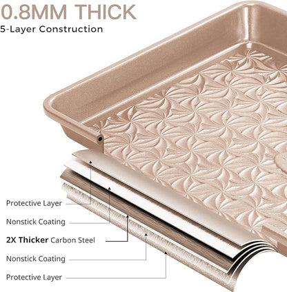 HONGBAKE Nonstick Baking Sheet Pan Set of 3, Cookie Sheets for Oven, Non-Toxic Half/Quarter/Jelly Roll Pans with Floral Swirl Texture, Heavy Duty 0.8mm Thick Oven Trays for Cooking, Champagne Gold - Image 7