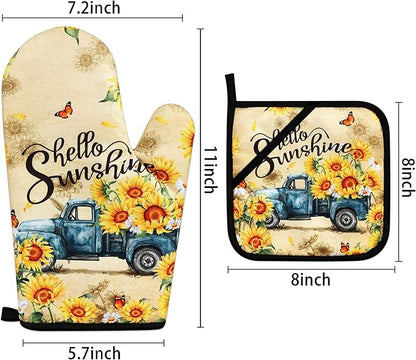 Sunflower Oven Mitts and Pot Holders Sets Vintage Floral Oven Gloves Heat Resistant 4 Pcs Farmhouse Decorative Kitchen Hot Pads and Mitts for Baking Cooking Grilling