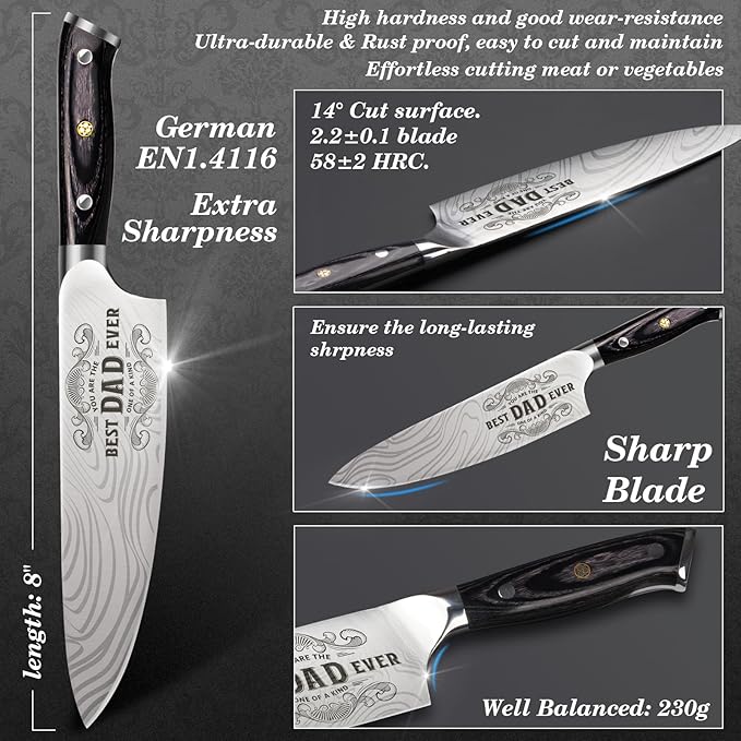 Funistree Dad Gifts from Daughter Wife Son, Best Dad Ever Kitchen Knife Gift Set with Wooden Box, Dad Birthday Gift Ideas, 8" Professional Chef Knife, Dads Birthday Gift for Men Husband