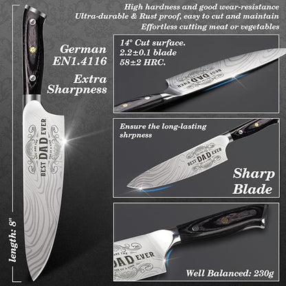 Funistree Dad Gifts from Daughter Wife Son, Best Dad Ever Kitchen Knife Gift Set with Wooden Box, Dad Birthday Gift Ideas, 8" Professional Chef Knife, Dads Birthday Gift for Men Husband