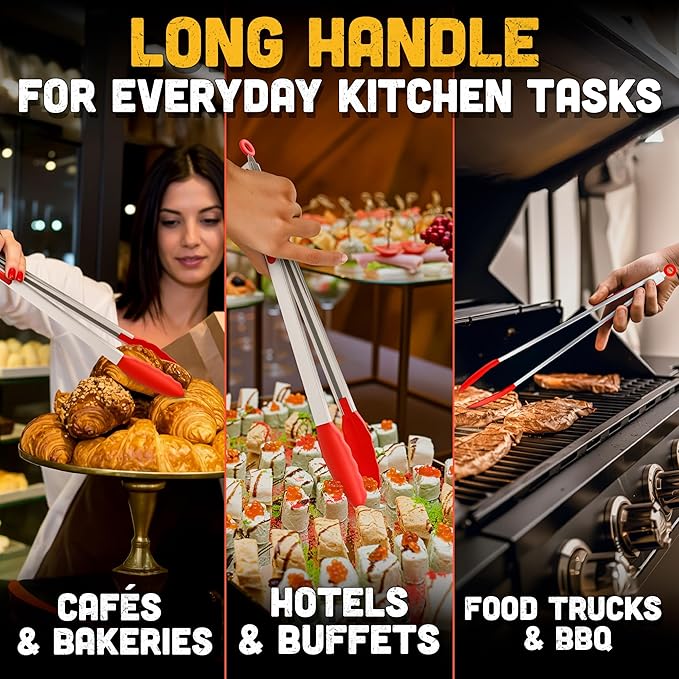 Salad Tongs - 17.3" Extra Long Tongs with Silicone Tip & Stainless Steel Frame for Salad Mixing & Serving, Safe Turning of Steaks, Burgers & Veggies - Easy-Lock Handle, Non-Slip Grip & Storage Loop - Image 5