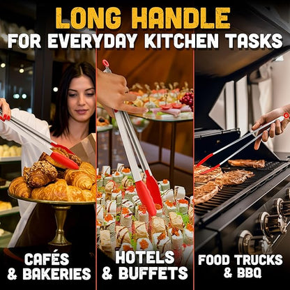 Salad Tongs - 17.3" Extra Long Tongs with Silicone Tip & Stainless Steel Frame for Salad Mixing & Serving, Safe Turning of Steaks, Burgers & Veggies - Easy-Lock Handle, Non-Slip Grip & Storage Loop - Image 5