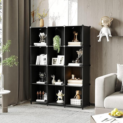 AWTATOS Cube Storage Organizer Closet Storage Shelves DIY Stackable Plastic Storage 12 Cube Bookshelf, Ideal Storage Organizer for Closet, Home, Bedroom, Black - Image 6