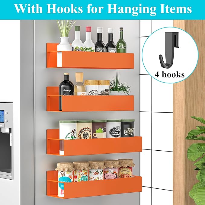 HuggieGems 4 Pack Magnetic Spice Storage Rack Organizer for Refrigerator and Oven, Orange Fridge Organizers and Storage - Image 2