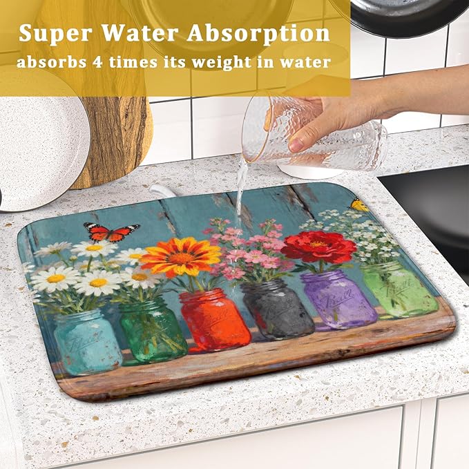 Small Dish Drying Mat for Kitchen Counter 16x18, Spring Summer Floral Decorative Absorbent Reversible Microfiber Kitchen Countertop Protector Dishes Drainer Pad - Image 7