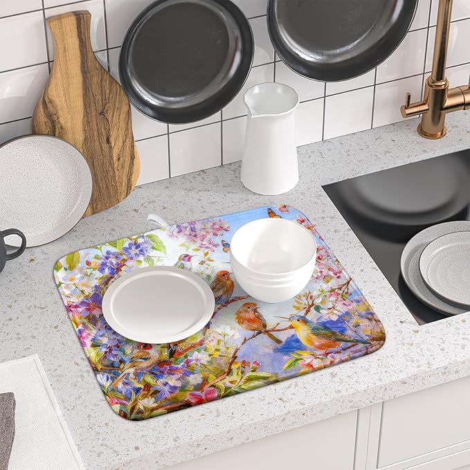 Spring Bird Dish Drying Mats for Kitchen Counter Floral Small Dish Drying Pad Season Decor - Image 6