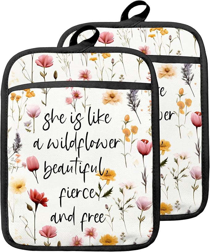 Inspirational Floral Pot Holders with Pockets, She is Like a Wildflower Oven Pot Holders Heat Resistant Oven Mitts Hot Pads for Kitchen Baking Cooking