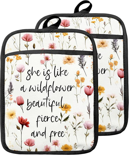 Inspirational Floral Pot Holders with Pockets, She is Like a Wildflower Oven Pot Holders Heat Resistant Oven Mitts Hot Pads for Kitchen Baking Cooking