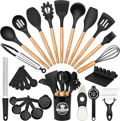 Astercook 39 PCS Kitchen Utensils Set, Silicone Cooking Utensil Sets with Wooden Handle, 446°F Heat Resistant Food Grade Spatula Set, BPA Free Kitchen Gadgets Tools Set for Mothers Day Gifts by Astercook