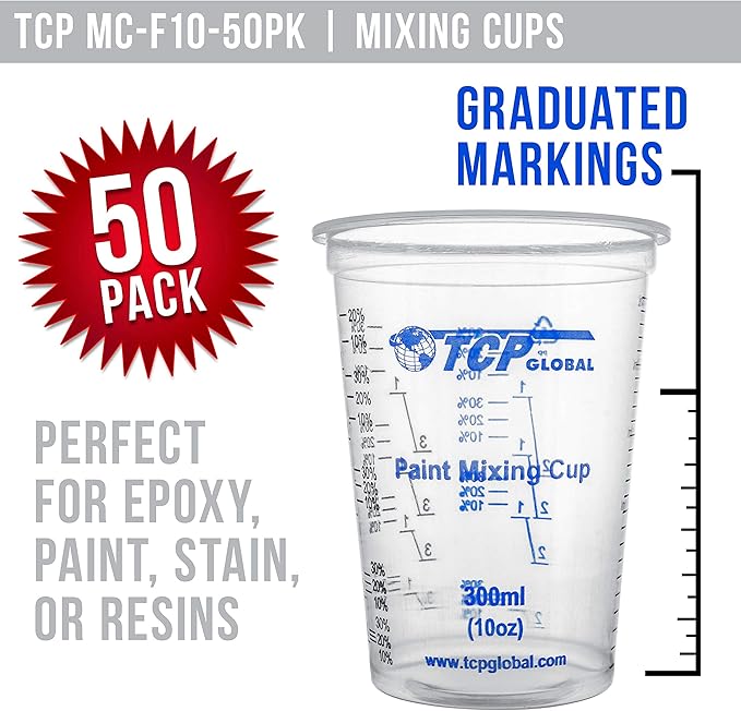 TCP Global 10 oz. (300ml) Graduated Plastic Mixing Cups - Box of 50 with 50 Mixing Sticks - Disposable Plastic Measuring Cups for Liquids, Paints, Resin, Epoxy, Art, Kitchen - Ratios 2-1, 3-1, 4-1 ML - Image 2