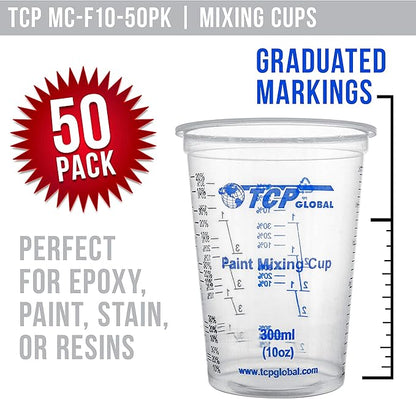 TCP Global 10 oz. (300ml) Graduated Plastic Mixing Cups - Box of 50 with 50 Mixing Sticks - Disposable Plastic Measuring Cups for Liquids, Paints, Resin, Epoxy, Art, Kitchen - Ratios 2-1, 3-1, 4-1 ML - Image 2