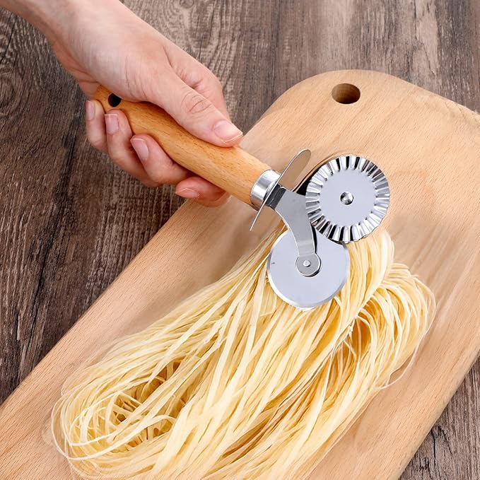Oruola Pastry Cutter for Baking,Double Fluted Pastry Cutter Wheel,Double-Blade Pasta Cutters,Stainless Steel Double Roller Dough Cutters with Wooden Handle for Pizza,Ravioli,Cookies