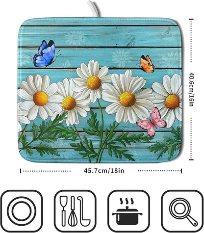 Daisy Dish Drying Mat for Kitchen Counter 16x18in Turquoise Daisy Old Wooden Board Kitchen Mat Absorbent Reversible Microfiber Dishes Pad Fast Drying Dish Drainer Mats for Countertop