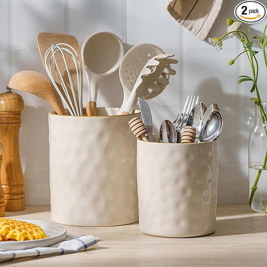 famiware Ocean Utensil Holder, 7.2"+5.8" Ceramic Kitchen Utensil Holder for Countertop, Cooking Utensil Crocks, Utensil Organizer for Spatula & Spoon, Kitchen Decor, Set of 2, Vanilla White by Famiware