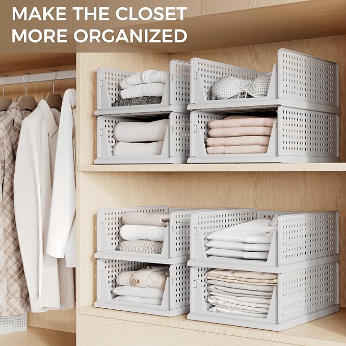 Pinkpum Grey 6 Pack Closet Organizers Storage Bins, Stackable Plastic Drawer Basket for Clothing, Stackable Storage Bins Shelf Storage Container for Closet Wardrobe Bedroom Bathroom Office - Image 5