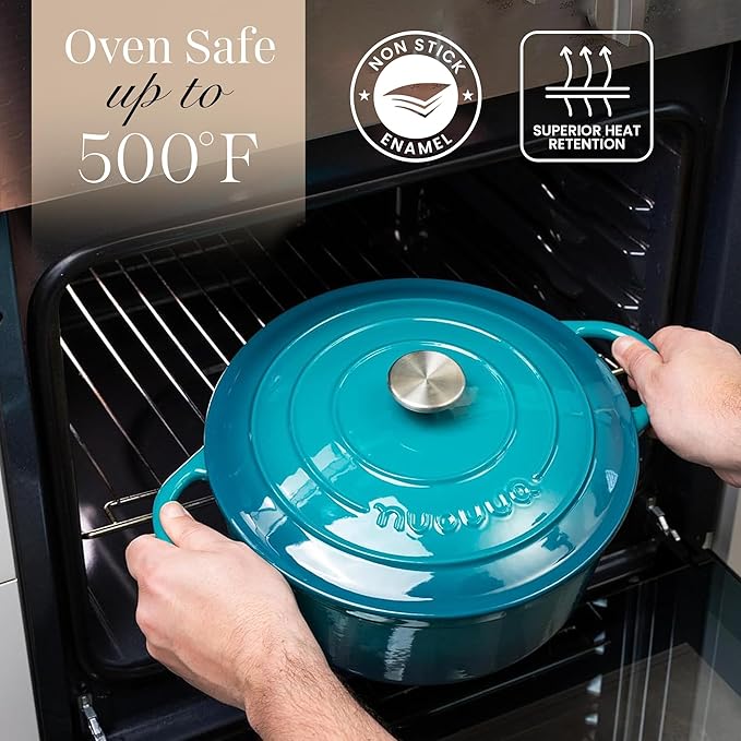Nuovva Enamelled Cast Iron Dutch Oven Pot with Lid – 6.4 Quart Non Stick Casserole Pot – Heavy Duty & Oven Safe up to 500° F for Bread Baking, Braising, Stews, Roasting – 28cm Teal - Image 5
