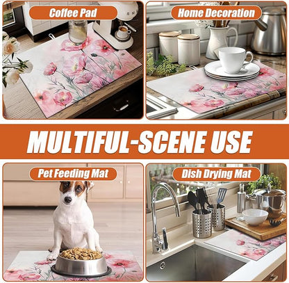 Pink Poppy Flower Dish Drying Mat for Kitchen Counter Microfiber Absorbent Dish Kitchen Drying Mat Draining Reusable Washable for Dishes/Utensils/Counterto