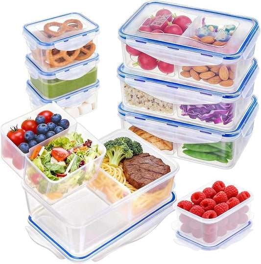 KIGI Lunch Container Set with Small Containers, 3 Compartment Food Storage for Meal Prep & Snacks, Leak-Proof & Airtight lids, BPA-free Plastic, Removable Divided Inserts, Microwave Safe, 24 Piece Set