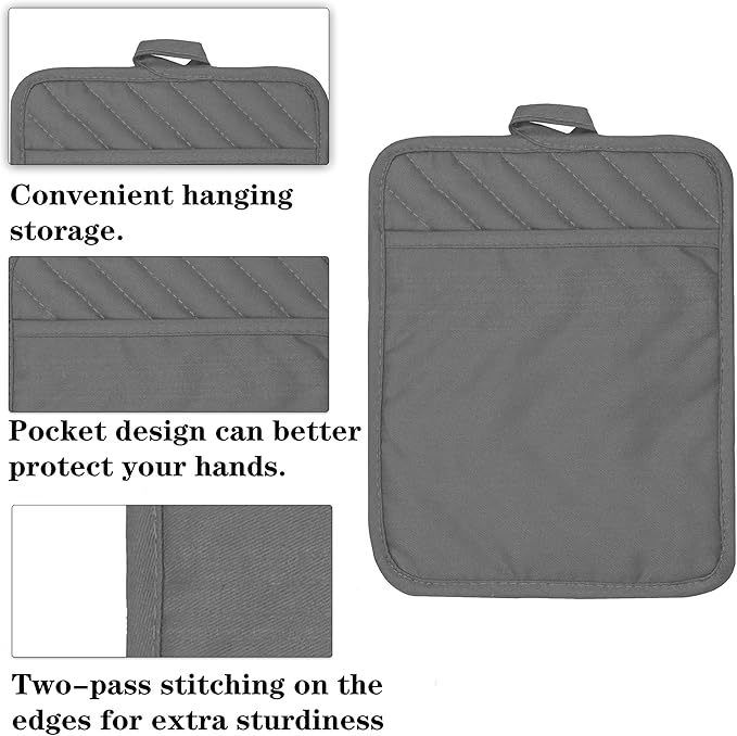Oven Pot Holder with Pocket Cotton Heat Resistant Coaster Potholder Kitchen Hot Pad Oven Mitts for Cooking Square 7"x9" Set of 3 (Grey) - Image 3