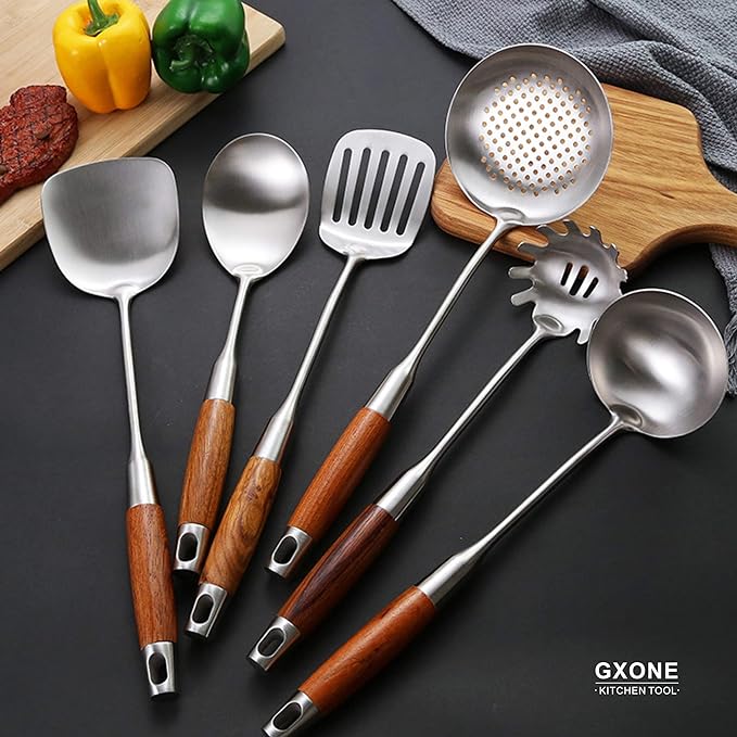Spaghetti Spoon,304 Stainless Steel Pasta Spoon with Heat Resistant Wooden Handle,Silver/14.2Inch - Image 6