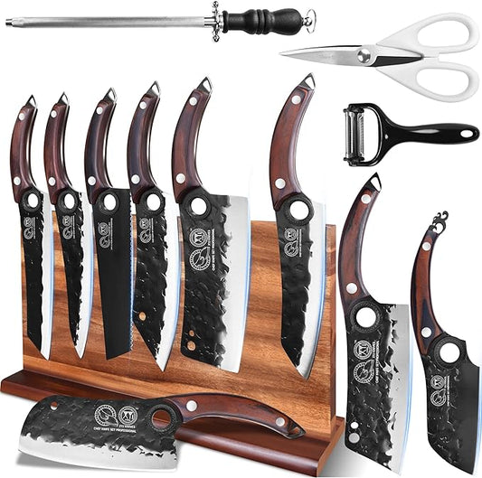 XYJ Authentic Since 1986,Knife Block Set,High Carbon Steel Forged Blades,Kitchen Knives Set with Wooden Magnetic Knife Block,Sharpening Steel,Cutting Board,Cleaver Slicing Knife,Wood Handle
