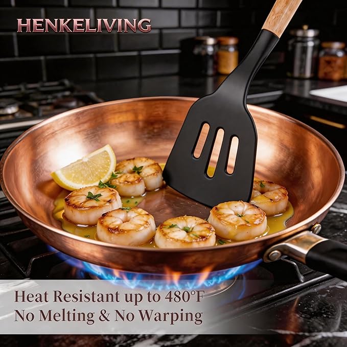 Silicone 10 Pcs Kitchen Cooking Utensils Set, Recycled Materials Certification, BPA Free Spatula Set with Heat Resistant Wood Handles for Nonstick Cookware, Black - Image 3