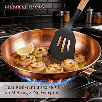 Silicone 10 Pcs Kitchen Cooking Utensils Set, Recycled Materials Certification, BPA Free Spatula Set with Heat Resistant Wood Handles for Nonstick Cookware, Black - Image 3