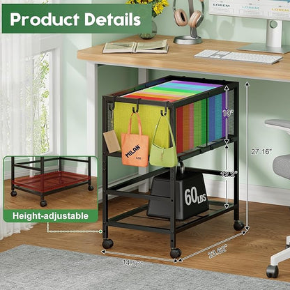 Rolling File Cart for Letter Size, Metal Hanging File Organizer with Storage Shelf, 2-Tier Mobile File Cabinet with 360° Wheels & Hooks, Under Desk Filing Cabinets for Home Office, Black