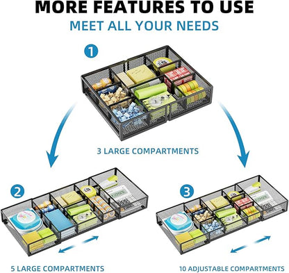 Marbrasse Expandable Desk Drawer Organizer, Mesh Drawer Organizer Tray with 10 Adjustable Compartments, Desk Organizers and Accessories for Office Supplies (Longer Expandable Drawer Organizer-B) - Image 5