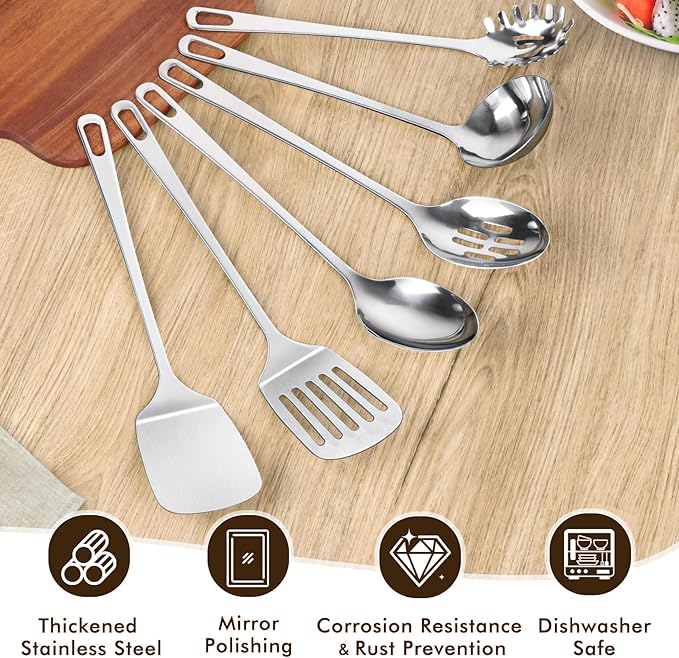 6 Pcs Cooking Utensils Set, Stainless Steel Kitchen Utensils, Heat Resistant Metal Kitchen Tools Include Solid & Slotted Turner Wok Spatula, Serving Spoon, Ladle, Pasta Server, Easy to Clean, Silver - Image 3