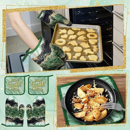 Bencailor 6 Pcs Marble Kitchen Decor Gold Pot Holders Oven Mitts 2 Dish Towels 2 Farmhouse Cooking Mittens Oven Glove and Potholder for Baking Cooking Grilling Supply Accessories(Green)