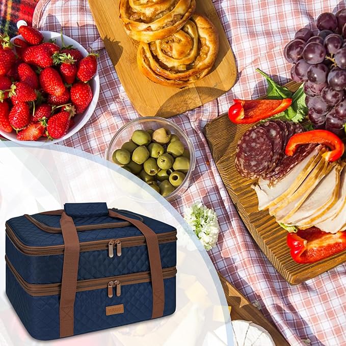 Quilted Insulated Double Casserole Carrier - Thermal Lunch Tote for Potluck Parties, Picnic, Beach, Fits 9 x 17 Inches Baking Dish, Casserole Dish, Expandable (Blue)