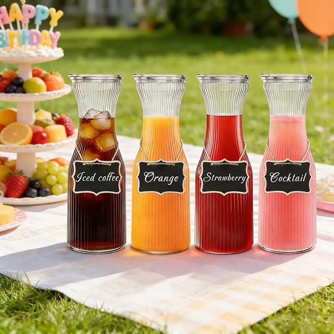 INSETLAN 1 Liter Ribbed Glass Carafe with Lid, Set of 2- Juice Carafe for Mimosa Bar, Brunch,Parties, Beverage Serveware, Cold Brew Coffee, Milk, Iced Tea, Lemonade -Includes 2 Wooden Chalkboard Label