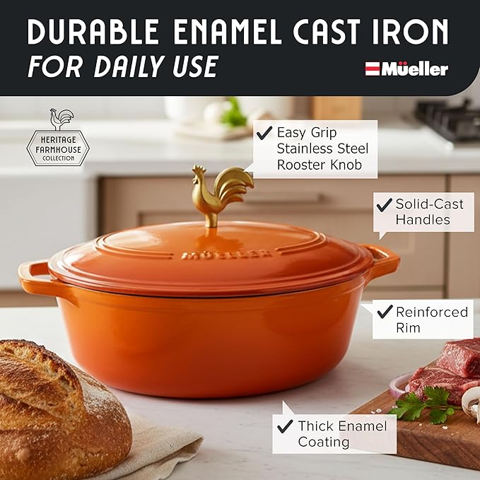 MUELLER HOME 5.5 Quart Enameled Cast Iron Oval Dutch Oven w Rooster Knob & Cotton Potholders, Heavy-Duty Cookware, Oven-Safe up to 500° F & Across All Cooktops, Gifts for Grandma & Women, Orange - Image 2
