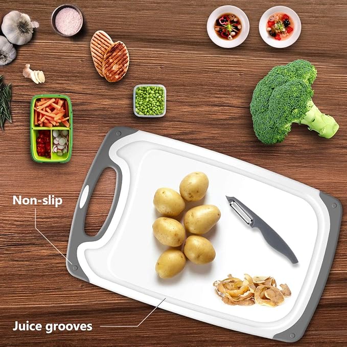 Cutting Boards for Kitchen, Plastic Chopping Board Set of 4 with Non-Slip Feet and Deep Drip Juice Groove, Easy Grip Handle, Dishwasher Safe, gray - Image 2