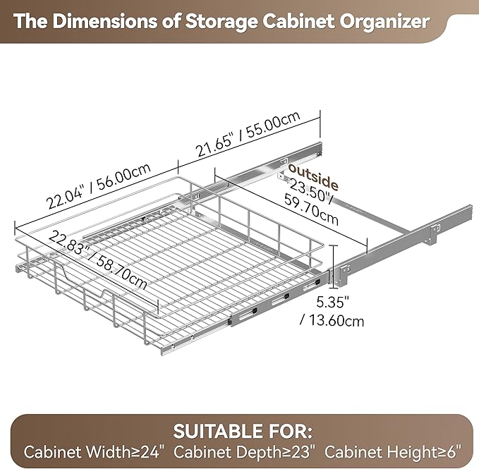 Pull Out Cabinet Organizer 24" W X 22" D, Slide Out Drawers For Kitchen Organizers and Storage, Pull Out Drawers For Cabinets Capacity Heavy Duty Caddy, Cabinet Shelves Chrome-Plated, Bathroom Pantry - Image 2