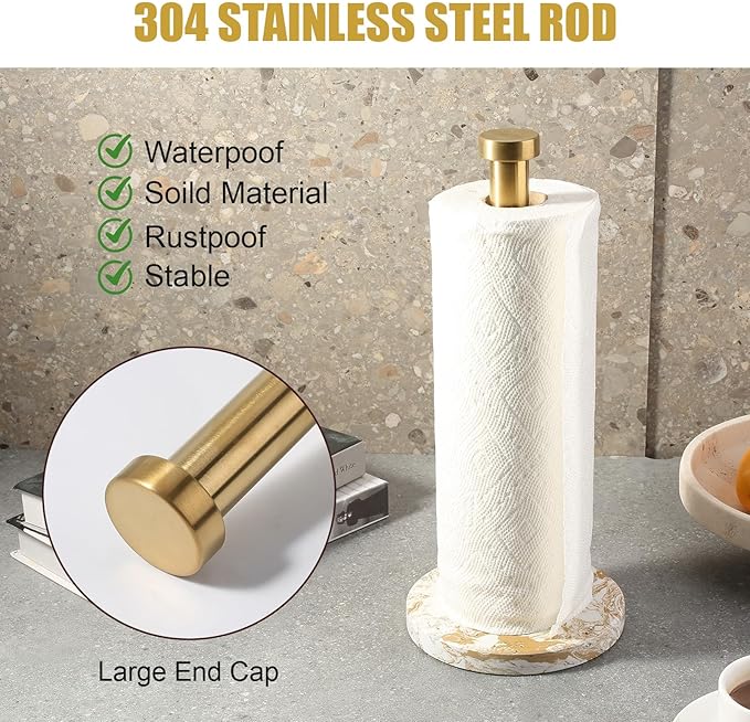 Koville Paper Towel Holder Countertop, Standing Paper Roll Holder with 6" Weighted Marble Base, Stone Paper Towel Holder with Gold Stainless Steel Rod for Kitchen Bathroom((Arabescato Doro)