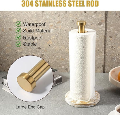 Koville Paper Towel Holder Countertop, Standing Paper Roll Holder with 6" Weighted Marble Base, Stone Paper Towel Holder with Gold Stainless Steel Rod for Kitchen Bathroom((Arabescato Doro)