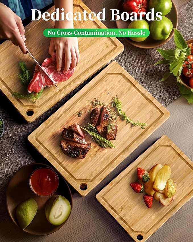 Kitchen Cutting Board Set - 3-Piece Wooden Cutting Boards for Kitchen with Juice Groove, Handles, Hang Holes, Stylish Kitchen Essentials for Chpping & Serving, Natural, 0.4"Th - (L+M+S) - Image 2