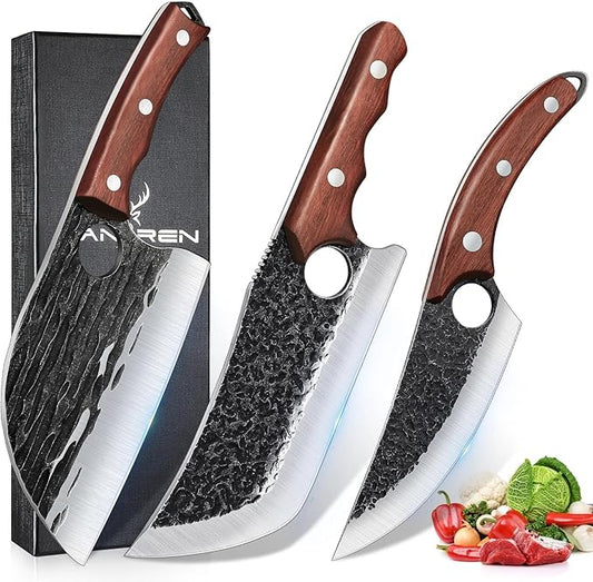 TAN REN 3PCS Butcher Knife Set for Meat Cutting, Hand Forged Meat Cleaver Knives with Wood Handle, Grilling Knife Set for Men