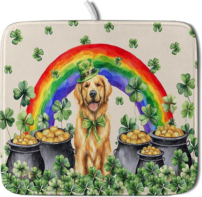 St Patricks Day Drying Mat Samll Lucky Clovers Green Kitchen Decor Counter Mats for Dog Lover by Giwawa