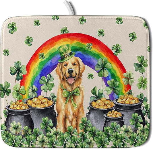 St Patricks Day Drying Mat Samll Lucky Clovers Green Kitchen Decor Counter Mats for Dog Lover by Giwawa