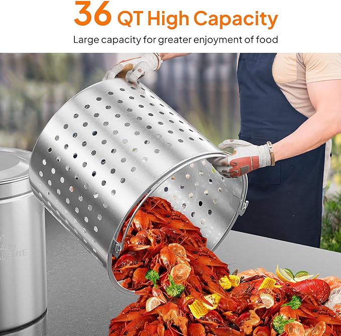 ROVSUN 36QT Stainless Steel Seafood Boil Pot with Strainer Basket, Lid & Hook, Versatile Stock Pot for Crab, Lobster, Shrimp Boiling, Heavy-Duty Turkey Fryer for Outdoor Cooking & Gatherings - Image 3