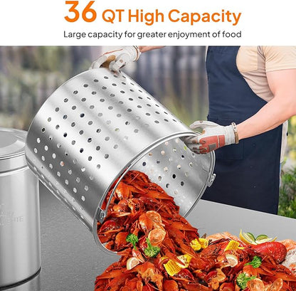 ROVSUN 36QT Stainless Steel Seafood Boil Pot with Strainer Basket, Lid & Hook, Versatile Stock Pot for Crab, Lobster, Shrimp Boiling, Heavy-Duty Turkey Fryer for Outdoor Cooking & Gatherings - Image 3
