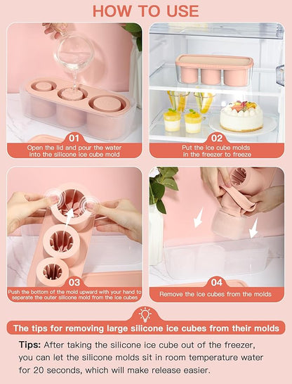 Ice Cube Tray for Tumbler Cup 30Oz-40Oz, 3 Pcs Silicone Cylinder Ice Mold with Lid and Bin for Freezer, Easy Fill and Release Ice Maker for Whiskey, Cocktail BPA-Free (Pink, 40Oz-Type1)